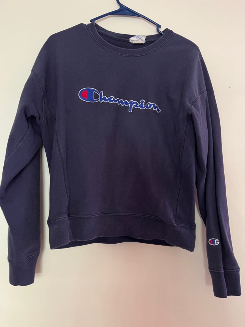 Vintage Champion Navy Blue Script Logo Crewneck Sweatshirt